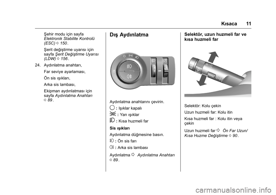 OPEL KARL 2016 Sürücü El Kitabı (in Turkish) OPEL Karl Owner Manual (GMK-Localizing-EU LHD-9231167) - 2016 - crc -
9/10/15
Kısaca 11
Şehir modu için sayfa
Elektronik Stabilite Kontrolü
(ESC)0150
ii.
Şerit değiştirme uyarısı için
sayfa OPEL KARL 2016 Sürücü El Kitabı (in Turkish) OPEL Karl Owner Manual (GMK-Localizing-EU LHD-9231167) - 2016 - crc -
9/10/15
Kısaca 11
Şehir modu için sayfa
Elektronik Stabilite Kontrolü
(ESC)0150
ii.
Şerit değiştirme uyarısı için
sayfa