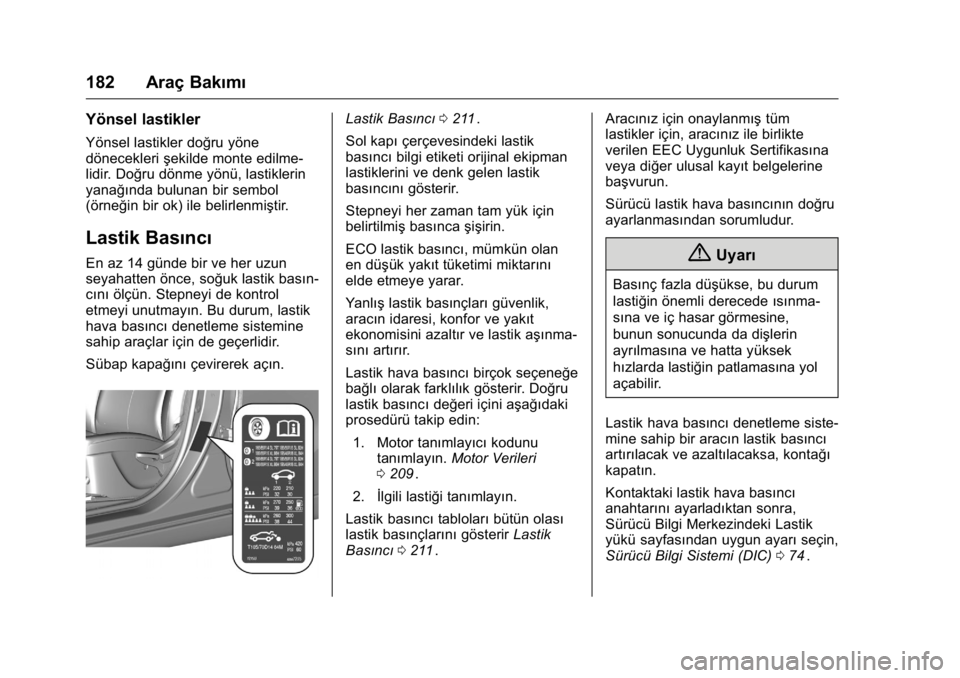 OPEL KARL 2016 Sürücü El Kitabı (in Turkish) OPEL Karl Owner Manual (GMK-Localizing-EU LHD-9231167) - 2016 - crc -
9/10/15
182 Araç Bakımı
Yönsel lastikler
Yönsel lastikler doğru yöne
döneceklerişekilde monte edilme-
lidir. Doğru dönm OPEL KARL 2016 Sürücü El Kitabı (in Turkish) OPEL Karl Owner Manual (GMK-Localizing-EU LHD-9231167) - 2016 - crc -
9/10/15
182 Araç Bakımı
Yönsel lastikler
Yönsel lastikler doğru yöne
döneceklerişekilde monte edilme-
lidir. Doğru dönm