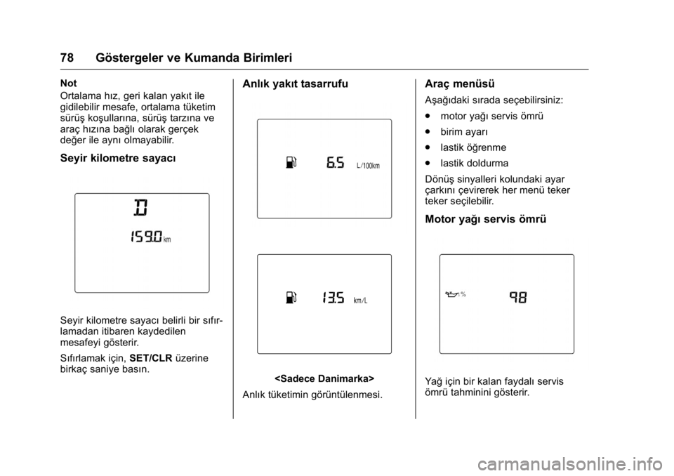 OPEL KARL 2016 Sürücü El Kitabı (in Turkish) OPEL Karl Owner Manual (GMK-Localizing-EU LHD-9231167) - 2016 - crc -
9/10/15
78 Göstergeler ve Kumanda Birimleri
Not
Ortalama hız, geri kalan yakıt ile
gidilebilir mesafe, ortalama tüketim
sürü OPEL KARL 2016 Sürücü El Kitabı (in Turkish) OPEL Karl Owner Manual (GMK-Localizing-EU LHD-9231167) - 2016 - crc -
9/10/15
78 Göstergeler ve Kumanda Birimleri
Not
Ortalama hız, geri kalan yakıt ile
gidilebilir mesafe, ortalama tüketim
sürü
