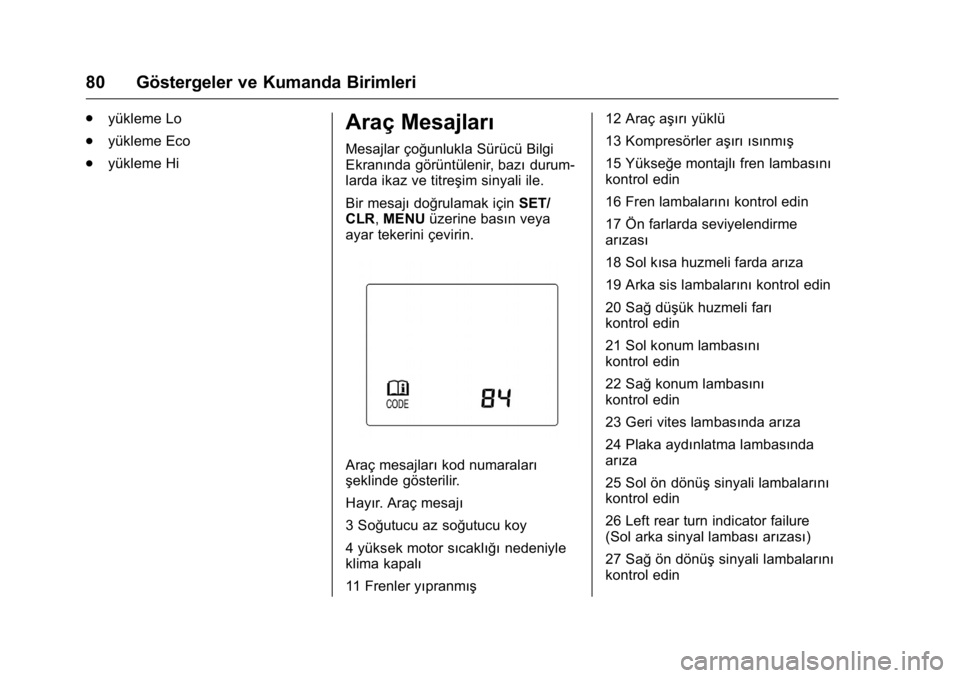 OPEL KARL 2016  Sürücü El Kitabı (in Turkish) OPEL Karl Owner Manual (GMK-Localizing-EU LHD-9231167) - 2016 - crc -
9/10/15
80 Göstergeler ve Kumanda Birimleri
.yükleme Lo
. yükleme Eco
. yükleme HiAraç Mesajları
Mesajlar çoğunlukla Sür