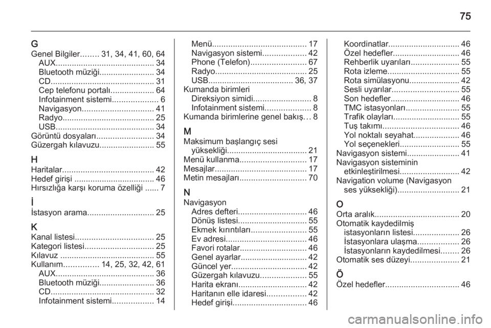 OPEL MERIVA 2014.5  Bilgi ve Eğlence Sistemi Kılavuzu (in Turkish) 75
G
Genel Bilgiler ........31, 34, 41, 60, 64
AUX ........................................... 34
Bluetooth müziği........................ 34
CD ............................................. 31
Cep 