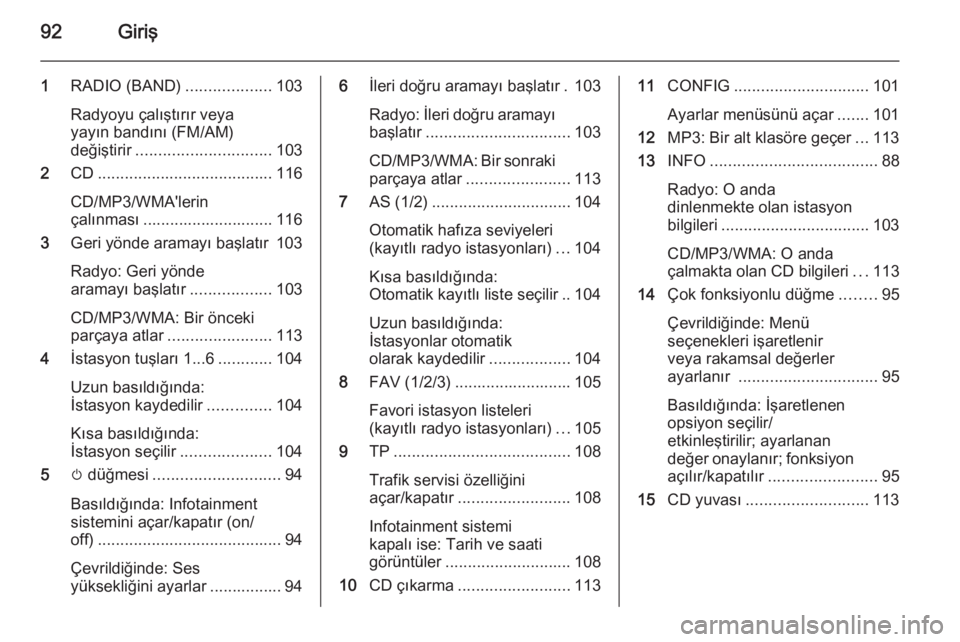 OPEL MERIVA 2015 Bilgi ve Eğlence Sistemi Kılavuzu (in Turkish) 92Giriş
1RADIO (BAND) ...................103
Radyoyu çalıştırır veya
yayın bandını (FM/AM)
değiştirir .............................. 103
2 CD....................................... 116
CD/M OPEL MERIVA 2015 Bilgi ve Eğlence Sistemi Kılavuzu (in Turkish) 92Giriş
1RADIO (BAND) ...................103
Radyoyu çalıştırır veya
yayın bandını (FM/AM)
değiştirir .............................. 103
2 CD....................................... 116
CD/M