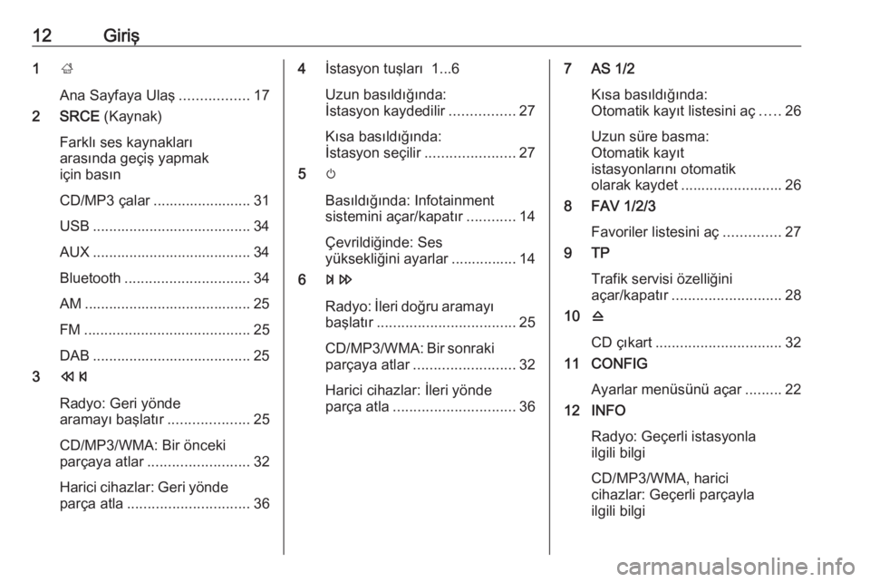 OPEL MERIVA 2016  Bilgi ve Eğlence Sistemi Kılavuzu (in Turkish) 12Giriş1;
Ana Sayfaya Ulaş .................17
2 SRCE  (Kaynak)
Farklı ses kaynakları
arasında geçiş yapmak
için basın
CD/MP3 çalar ........................ 31
USB ..........................