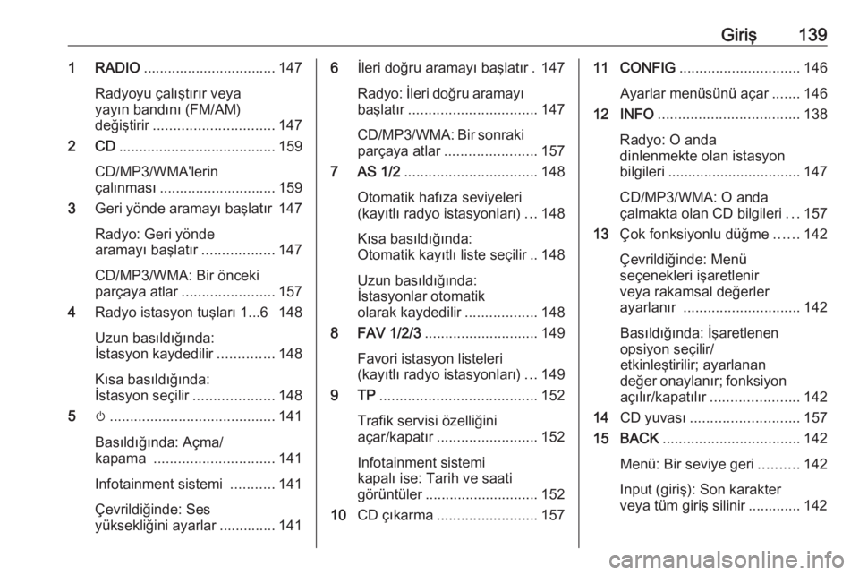 OPEL MERIVA 2016  Bilgi ve Eğlence Sistemi Kılavuzu (in Turkish) Giriş1391 RADIO................................. 147
Radyoyu çalıştırır veya
yayın bandını (FM/AM)
değiştirir .............................. 147
2 CD .......................................
