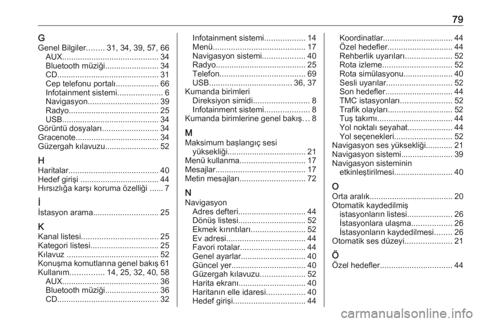OPEL MERIVA 2016  Bilgi ve Eğlence Sistemi Kılavuzu (in Turkish) 79GGenel Bilgiler ........31, 34, 39, 57, 66
AUX ........................................... 34
Bluetooth müziği........................ 34
CD ............................................. 31
Cep te