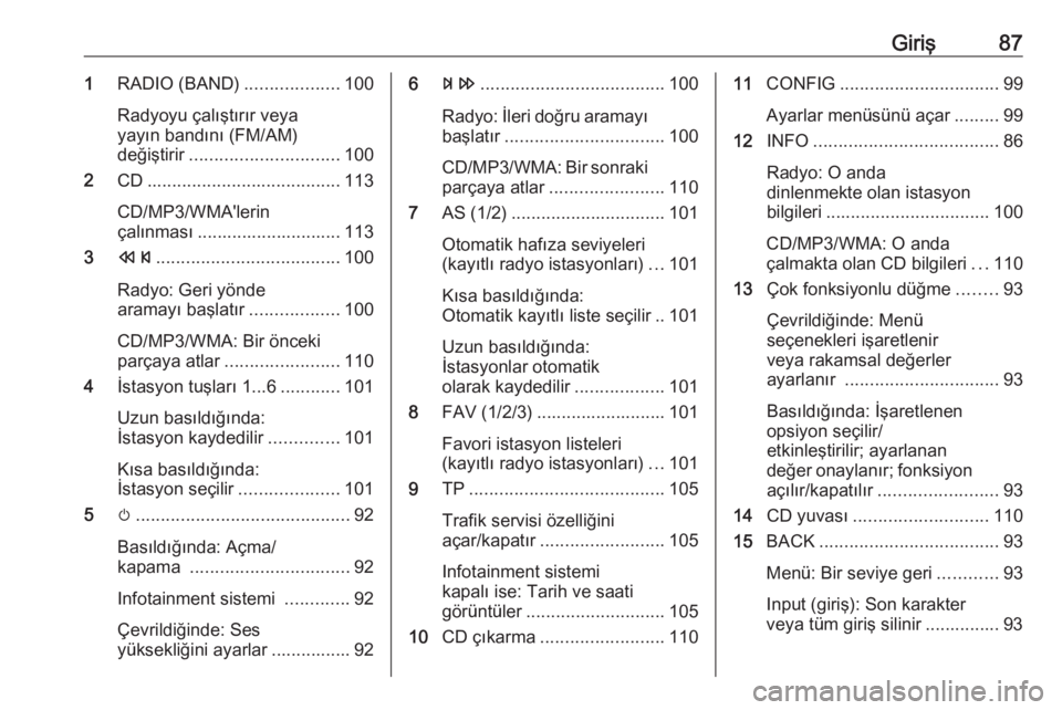 OPEL MERIVA 2016  Bilgi ve Eğlence Sistemi Kılavuzu (in Turkish) Giriş871RADIO (BAND) ...................100
Radyoyu çalıştırır veya yayın bandını (FM/AM)
değiştirir .............................. 100
2 CD....................................... 113
CD/MP