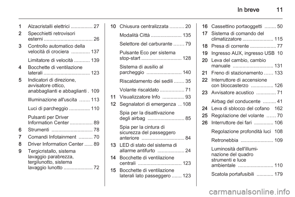 OPEL ADAM 2014  Manuale di uso e manutenzione (in Italian) In breve11
1Alzacristalli elettrici ................ 27
2 Specchietti retrovisori
esterni ................................... 26
3 Controllo automatico della
velocità di crociera  .............137
Li