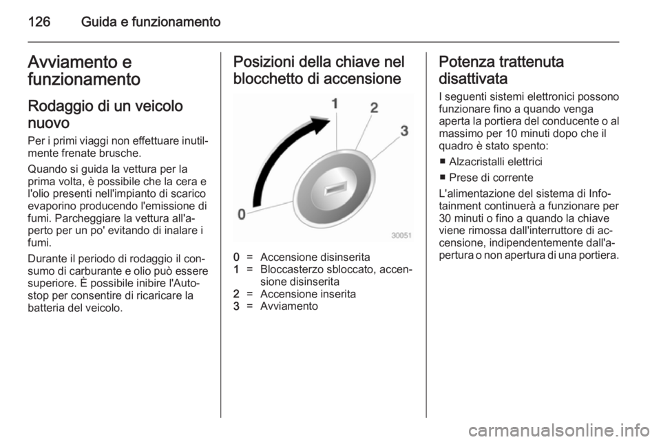 OPEL ADAM 2014 Manuale di uso e manutenzione (in Italian) 126Guida e funzionamentoAvviamento efunzionamento
Rodaggio di un veicolo
nuovo Per i primi viaggi non effettuare inutil‐mente frenate brusche.
Quando si guida la vettura per la
prima volta, è possi OPEL ADAM 2014 Manuale di uso e manutenzione (in Italian) 126Guida e funzionamentoAvviamento efunzionamento
Rodaggio di un veicolo
nuovo Per i primi viaggi non effettuare inutil‐mente frenate brusche.
Quando si guida la vettura per la
prima volta, è possi