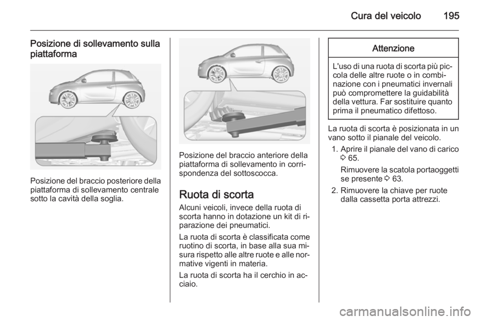 OPEL ADAM 2014 Manuale di uso e manutenzione (in Italian) Cura del veicolo195
Posizione di sollevamento sulla
piattaforma
Posizione del braccio posteriore della
piattaforma di sollevamento centrale
sotto la cavità della soglia.
Posizione del braccio anterio OPEL ADAM 2014 Manuale di uso e manutenzione (in Italian) Cura del veicolo195
Posizione di sollevamento sulla
piattaforma
Posizione del braccio posteriore della
piattaforma di sollevamento centrale
sotto la cavità della soglia.
Posizione del braccio anterio