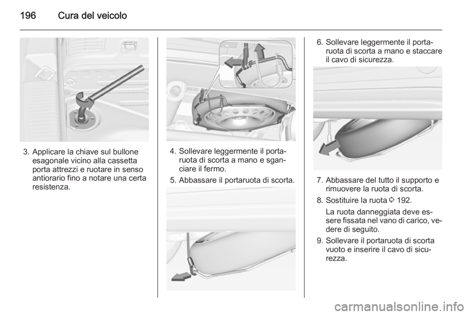 OPEL ADAM 2014 Manuale di uso e manutenzione (in Italian) 196Cura del veicolo
3. Applicare la chiave sul bulloneesagonale vicino alla cassetta
porta attrezzi e ruotare in senso
antiorario fino a notare una certa
resistenza.4. Sollevare leggermente il porta OPEL ADAM 2014 Manuale di uso e manutenzione (in Italian) 196Cura del veicolo
3. Applicare la chiave sul bulloneesagonale vicino alla cassetta
porta attrezzi e ruotare in senso
antiorario fino a notare una certa
resistenza.4. Sollevare leggermente il porta