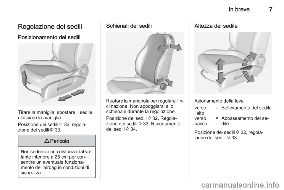 OPEL ADAM 2014  Manuale di uso e manutenzione (in Italian) In breve7Regolazione dei sediliPosizionamento dei sedili
Tirare la maniglia, spostare il sedile,
rilasciare la maniglia.
Posizione dei sedili  3 32, regola‐
zione dei sedili  3 33.
9 Pericolo
Non se