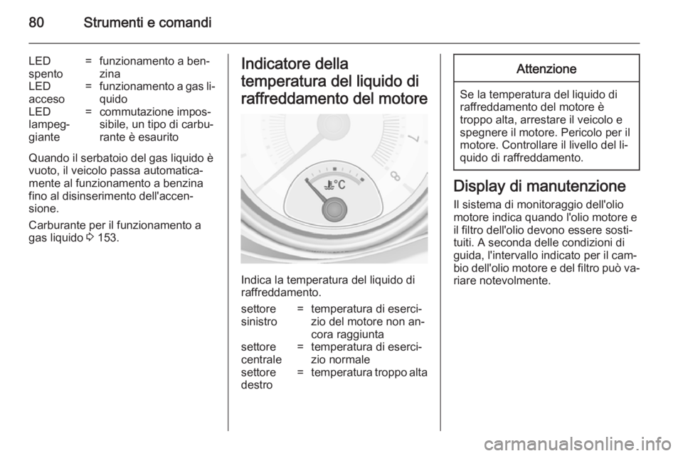 OPEL ADAM 2014  Manuale di uso e manutenzione (in Italian) 80Strumenti e comandi
LED
spento=funzionamento a ben‐
zinaLED
acceso=funzionamento a gas li‐ quidoLED
lampeg‐
giante=commutazione impos‐
sibile, un tipo di carbu‐
rante è esaurito
Quando il