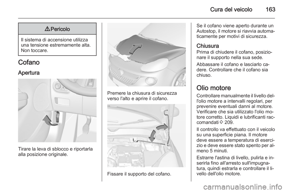 OPEL ADAM 2014.5  Manuale di uso e manutenzione (in Italian) Cura del veicolo1639Pericolo
Il sistema di accensione utilizza
una tensione estremamente alta.
Non toccare.
Cofano
Apertura
Tirare la leva di sblocco e riportarla
alla posizione originale.
Premere la 
