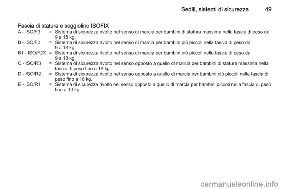 OPEL ADAM 2014.5  Manuale di uso e manutenzione (in Italian) Sedili, sistemi di sicurezza49
Fascia di statura e seggiolino ISOFIXA - ISO/F3=Sistema di sicurezza rivolto nel senso di marcia per bambini di statura massima nella fascia di peso da9 a 18 kg.B - ISO/