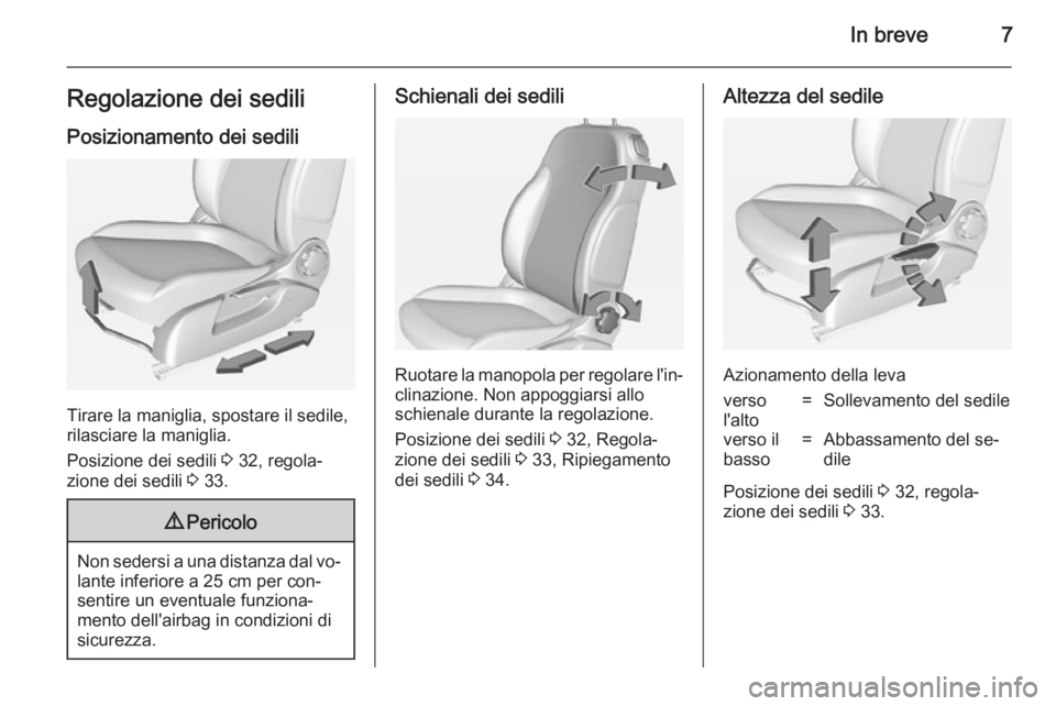 OPEL ADAM 2014.5  Manuale di uso e manutenzione (in Italian) In breve7Regolazione dei sediliPosizionamento dei sedili
Tirare la maniglia, spostare il sedile,
rilasciare la maniglia.
Posizione dei sedili  3 32, regola‐
zione dei sedili  3 33.
9 Pericolo
Non se