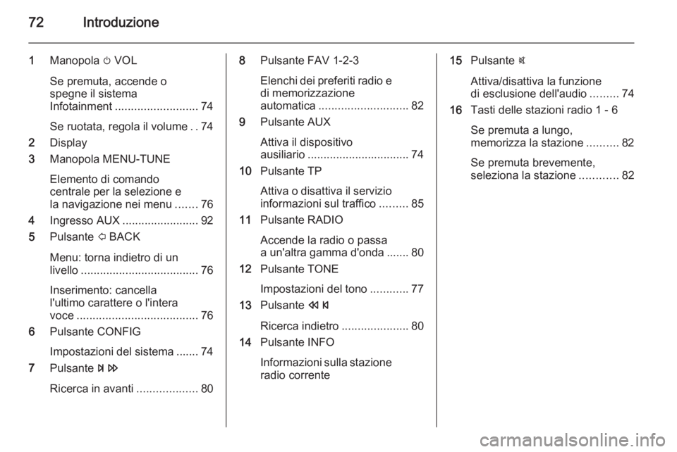 OPEL ADAM 2015  Manuale del sistema Infotainment (in Italian) 72Introduzione
1Manopola  m VOL
Se premuta, accende o
spegne il sistema
Infotainment .......................... 74
Se ruotata, regola il volume ..74
2 Display
3 Manopola MENU-TUNE
Elemento di comando
