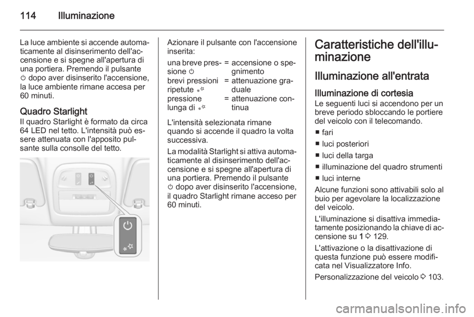 OPEL ADAM 2015  Manuale di uso e manutenzione (in Italian) 114Illuminazione
La luce ambiente si accende automa‐ticamente al disinserimento dell'ac‐
censione e si spegne all'apertura di
una portiera. Premendo il pulsante
m  dopo aver disinserito l&