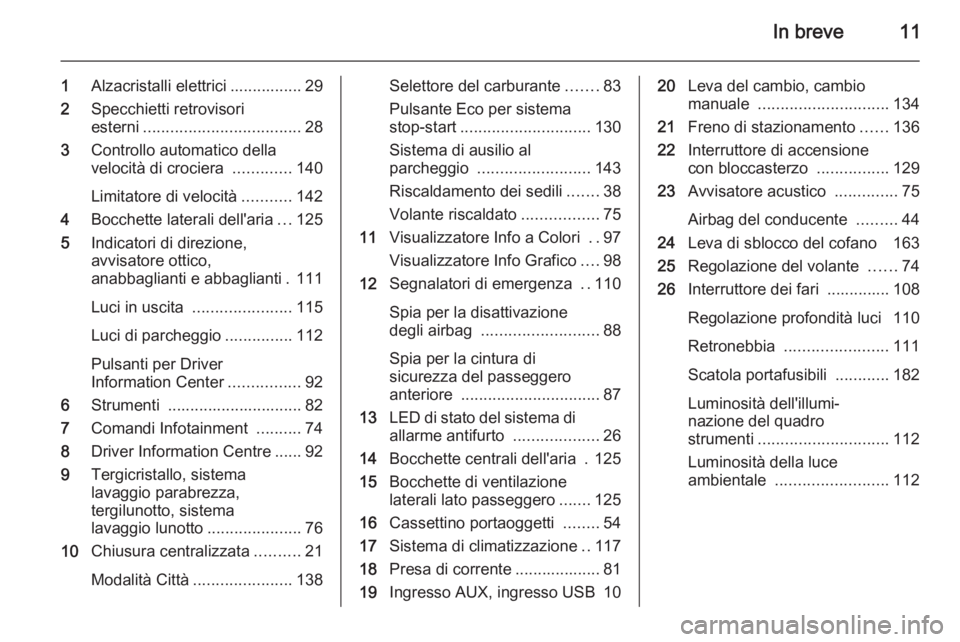 OPEL ADAM 2015  Manuale di uso e manutenzione (in Italian) In breve11
1Alzacristalli elettrici ................ 29
2 Specchietti retrovisori
esterni ................................... 28
3 Controllo automatico della
velocità di crociera  .............140
Li