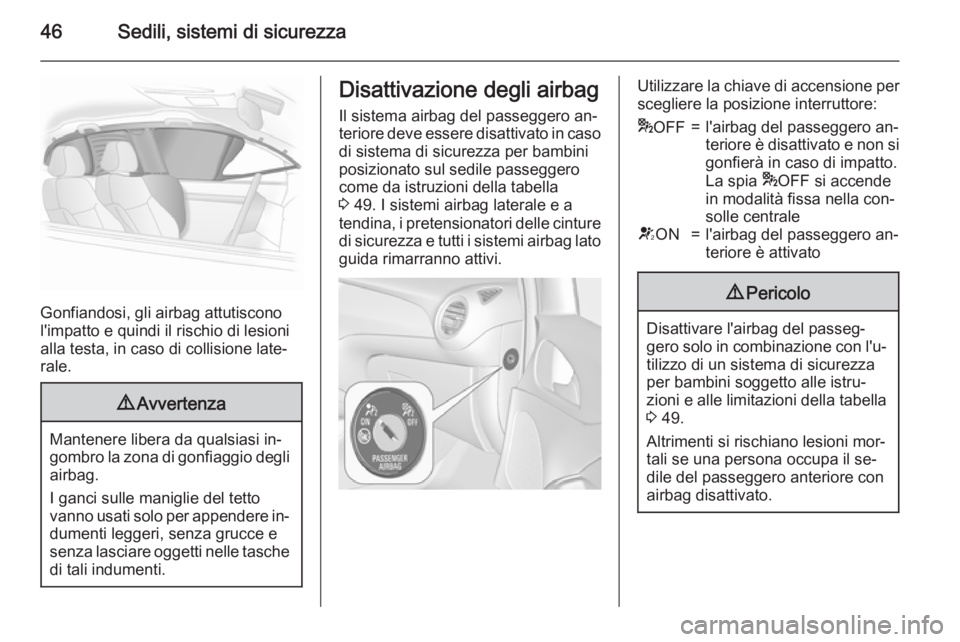 OPEL ADAM 2015  Manuale di uso e manutenzione (in Italian) 46Sedili, sistemi di sicurezza
Gonfiandosi, gli airbag attutiscono
l'impatto e quindi il rischio di lesioni
alla testa, in caso di collisione late‐
rale.
9 Avvertenza
Mantenere libera da qualsia