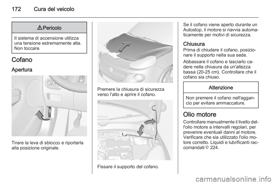 OPEL ADAM 2015.5 Manuale di uso e manutenzione (in Italian) 172Cura del veicolo9Pericolo
Il sistema di accensione utilizza
una tensione estremamente alta.
Non toccare.
Cofano
Apertura
Tirare la leva di sblocco e riportarla
alla posizione originale.
Premere la OPEL ADAM 2015.5 Manuale di uso e manutenzione (in Italian) 172Cura del veicolo9Pericolo
Il sistema di accensione utilizza
una tensione estremamente alta.
Non toccare.
Cofano
Apertura
Tirare la leva di sblocco e riportarla
alla posizione originale.
Premere la