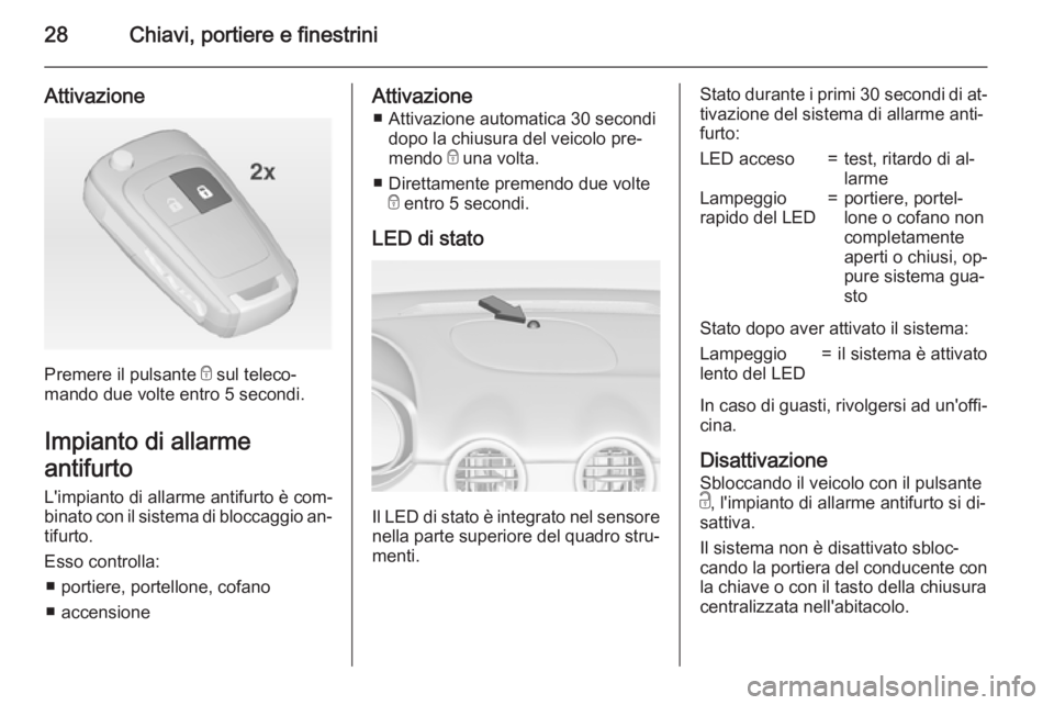 OPEL ADAM 2015.5  Manuale di uso e manutenzione (in Italian) 28Chiavi, portiere e finestrini
Attivazione
Premere il pulsante e sul teleco‐
mando due volte entro 5 secondi.
Impianto di allarme
antifurto
L'impianto di allarme antifurto è com‐
binato con 