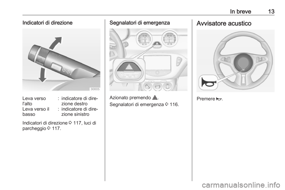 OPEL ADAM 2016 Manuale di uso e manutenzione (in Italian) In breve13Indicatori di direzioneLeva verso
l'alto:indicatore di dire‐
zione destroLeva verso il
basso:indicatore di dire‐ zione sinistro
Indicatori di direzione 3 117, luci di
parcheggio 3 OPEL ADAM 2016 Manuale di uso e manutenzione (in Italian) In breve13Indicatori di direzioneLeva verso
l'alto:indicatore di dire‐
zione destroLeva verso il
basso:indicatore di dire‐ zione sinistro
Indicatori di direzione 3 117, luci di
parcheggio 3