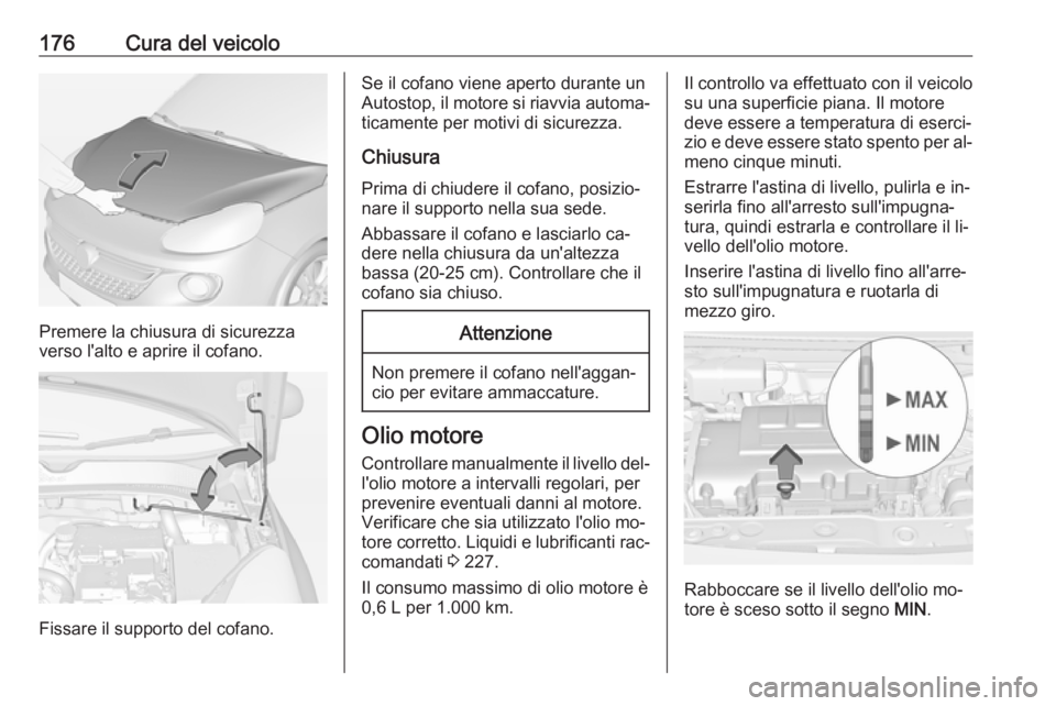 OPEL ADAM 2016 Manuale di uso e manutenzione (in Italian) 176Cura del veicolo
Premere la chiusura di sicurezza
verso l'alto e aprire il cofano.
Fissare il supporto del cofano.
Se il cofano viene aperto durante un
Autostop, il motore si riavvia automa‐
OPEL ADAM 2016 Manuale di uso e manutenzione (in Italian) 176Cura del veicolo
Premere la chiusura di sicurezza
verso l'alto e aprire il cofano.
Fissare il supporto del cofano.
Se il cofano viene aperto durante un
Autostop, il motore si riavvia automa‐