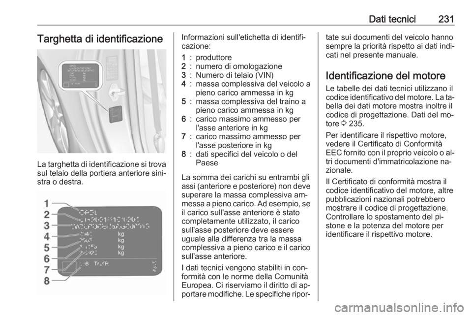 OPEL ADAM 2016.5 Manuale di uso e manutenzione (in Italian) Dati tecnici231Targhetta di identificazione
La targhetta di identificazione si trovasul telaio della portiera anteriore sini‐
stra o destra.
Informazioni sull'etichetta di identifi‐
cazione:1: OPEL ADAM 2016.5 Manuale di uso e manutenzione (in Italian) Dati tecnici231Targhetta di identificazione
La targhetta di identificazione si trovasul telaio della portiera anteriore sini‐
stra o destra.
Informazioni sull'etichetta di identifi‐
cazione:1: