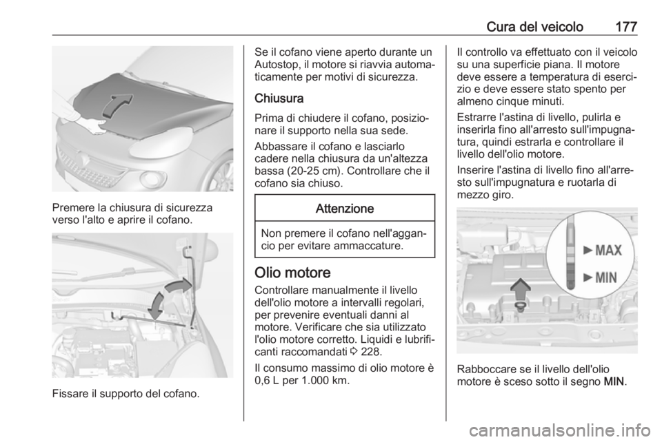 OPEL ADAM 2017 Manuale di uso e manutenzione (in Italian) Cura del veicolo177
Premere la chiusura di sicurezza
verso l'alto e aprire il cofano.
Fissare il supporto del cofano.
Se il cofano viene aperto durante un
Autostop, il motore si riavvia automa‐
OPEL ADAM 2017 Manuale di uso e manutenzione (in Italian) Cura del veicolo177
Premere la chiusura di sicurezza
verso l'alto e aprire il cofano.
Fissare il supporto del cofano.
Se il cofano viene aperto durante un
Autostop, il motore si riavvia automa‐