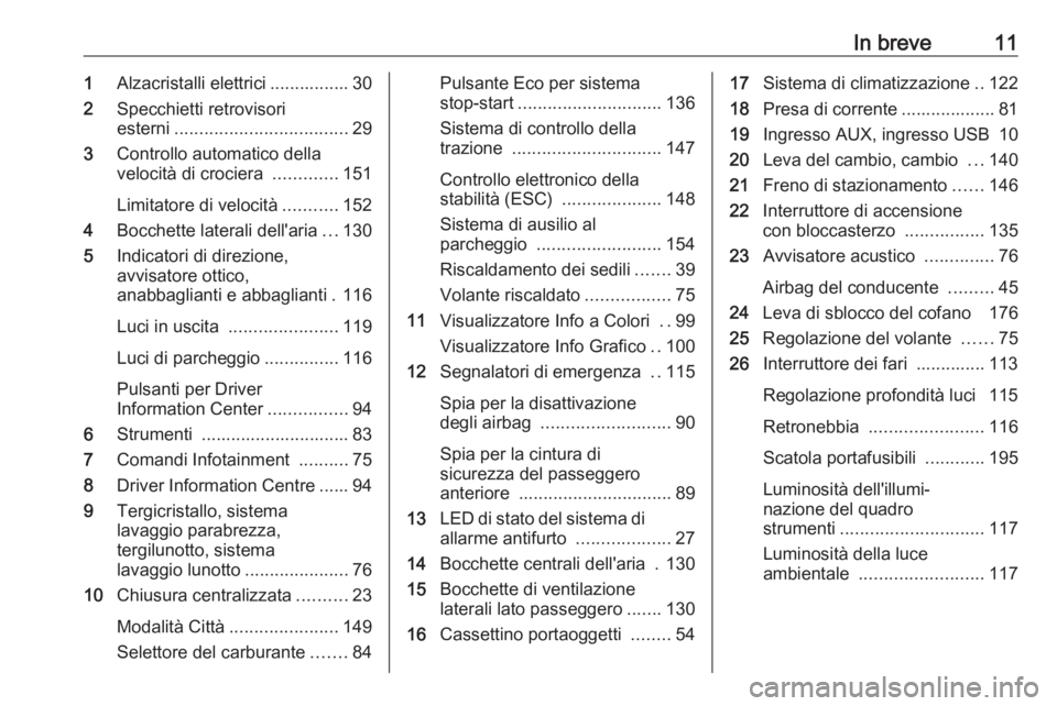 OPEL ADAM 2017.5  Manuale di uso e manutenzione (in Italian) In breve111Alzacristalli elettrici ................ 30
2 Specchietti retrovisori
esterni ................................... 29
3 Controllo automatico della
velocità di crociera  .............151
Lim