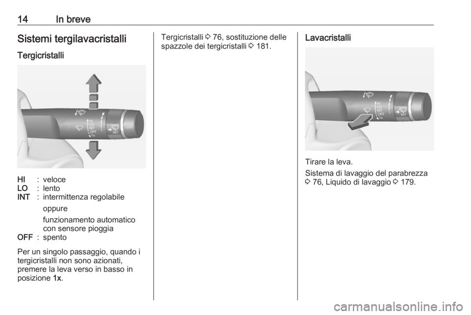 OPEL ADAM 2017.5  Manuale di uso e manutenzione (in Italian) 14In breveSistemi tergilavacristalli
TergicristalliHI:veloceLO:lentoINT:intermittenza regolabile
oppure
funzionamento automatico
con sensore pioggiaOFF:spento
Per un singolo passaggio, quando i
tergic