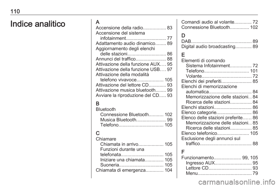 OPEL ADAM 2018 Manuale del sistema Infotainment (in Italian) 110Indice analiticoAAccensione della radio .................83
Accensione del sistema infotainment............................... 77
Adattamento audio dinamico ........89
Aggiornamento degli elenchi d OPEL ADAM 2018 Manuale del sistema Infotainment (in Italian) 110Indice analiticoAAccensione della radio .................83
Accensione del sistema infotainment............................... 77
Adattamento audio dinamico ........89
Aggiornamento degli elenchi d