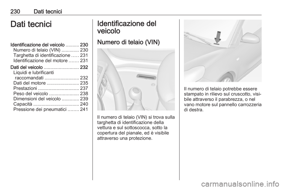 OPEL ADAM 2018.5  Manuale di uso e manutenzione (in Italian) 230Dati tecniciDati tecniciIdentificazione del veicolo..........230
Numero di telaio (VIN) .............230
Targhetta di identificazione .....231
Identificazione del motore .......231
Dati del veicolo