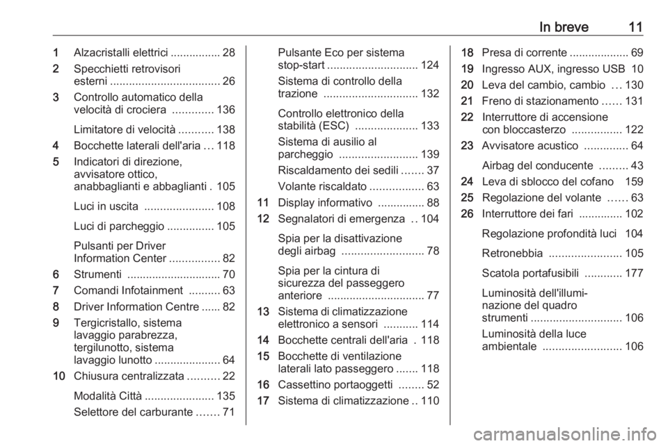 OPEL ADAM 2019  Manuale di uso e manutenzione (in Italian) In breve111Alzacristalli elettrici ................ 28
2 Specchietti retrovisori
esterni ................................... 26
3 Controllo automatico della
velocità di crociera  .............136
Lim