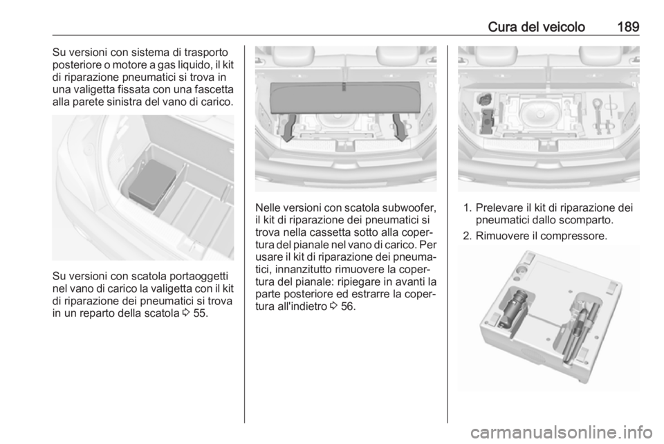 OPEL ADAM 2019 Manuale di uso e manutenzione (in Italian) Cura del veicolo189Su versioni con sistema di trasporto
posteriore o motore a gas liquido, il kit
di riparazione pneumatici si trova in
una valigetta fissata con una fascetta alla parete sinistra del OPEL ADAM 2019 Manuale di uso e manutenzione (in Italian) Cura del veicolo189Su versioni con sistema di trasporto
posteriore o motore a gas liquido, il kit
di riparazione pneumatici si trova in
una valigetta fissata con una fascetta alla parete sinistra del