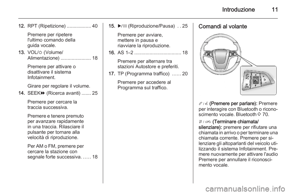 OPEL AMPERA 2014  Manuale del sistema Infotainment (in Italian) Introduzione11
12.RPT (Ripetizione) .................. 40
Premere per ripetere
l'ultimo comando della
guida vocale.
13. VOL/ m (Volume/
Alimentazione) ......................18
Premere per attivare