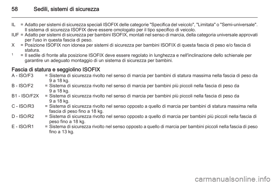 OPEL AMPERA 2015 Manuale di uso e manutenzione (in Italian) 58Sedili, sistemi di sicurezza
IL=Adatto per sistemi di sicurezza speciali ISOFIX delle categorie "Specifica del veicolo", "Limitata" o "Semi-universale".
Il sistema di sicurez OPEL AMPERA 2015 Manuale di uso e manutenzione (in Italian) 58Sedili, sistemi di sicurezza
IL=Adatto per sistemi di sicurezza speciali ISOFIX delle categorie "Specifica del veicolo", "Limitata" o "Semi-universale".
Il sistema di sicurez