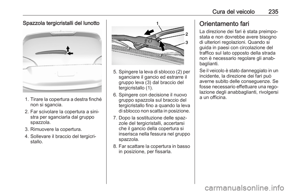 OPEL AMPERA E 2018  Manuale di uso e manutenzione (in Italian) Cura del veicolo235Spazzola tergicristalli del lunotto
1.Tirare la copertura a destra finché
non si sgancia.
2. Far scivolare la copertura a sini‐ stra per sganciarla dal gruppo
spazzola.
3. Rimuov