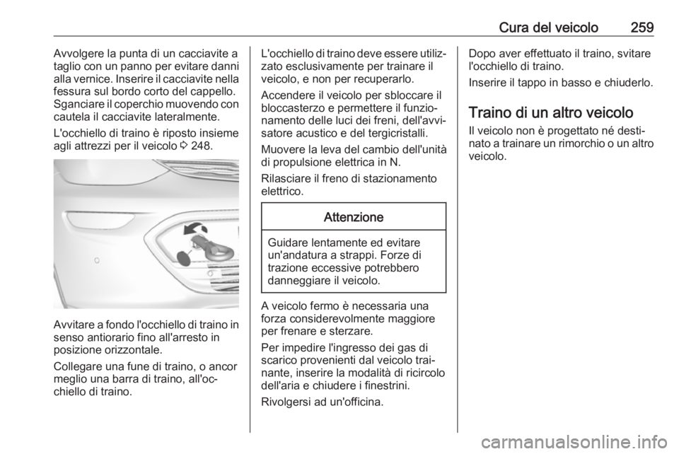 OPEL AMPERA E 2018  Manuale di uso e manutenzione (in Italian) Cura del veicolo259Avvolgere la punta di un cacciavite ataglio con un panno per evitare danni
alla vernice. Inserire il cacciavite nella fessura sul bordo corto del cappello.
Sganciare il coperchio mu