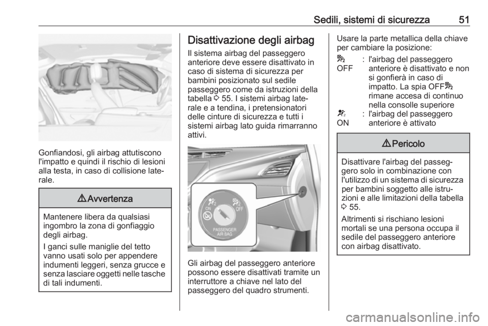 OPEL AMPERA E 2018  Manuale di uso e manutenzione (in Italian) Sedili, sistemi di sicurezza51
Gonfiandosi, gli airbag attutiscono
l'impatto e quindi il rischio di lesioni
alla testa, in caso di collisione late‐
rale.
9 Avvertenza
Mantenere libera da qualsia
