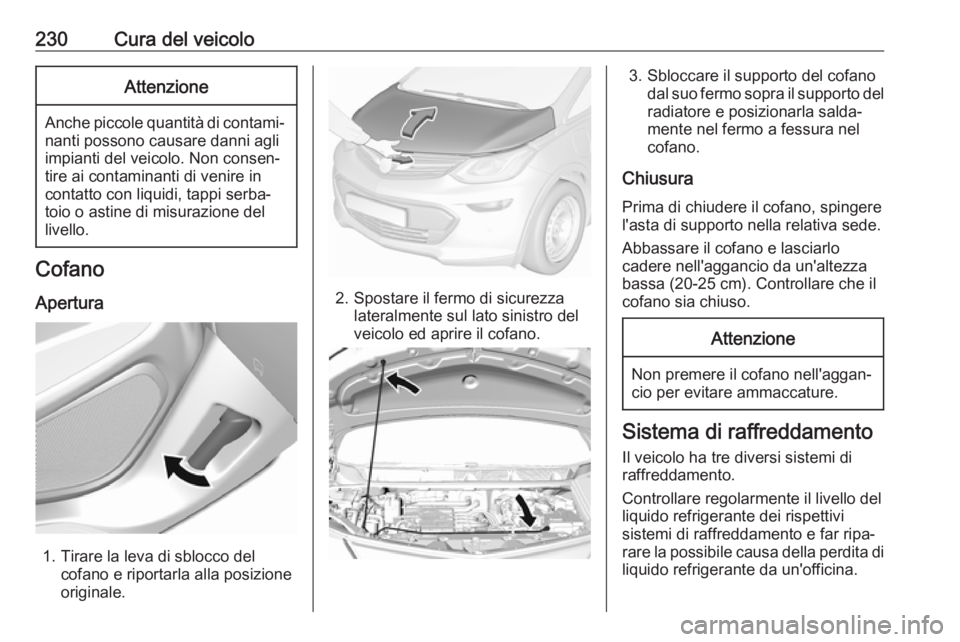 OPEL AMPERA E 2018.5 Manuale di uso e manutenzione (in Italian) 230Cura del veicoloAttenzione
Anche piccole quantità di contami‐nanti possono causare danni agli
impianti del veicolo. Non consen‐
tire ai contaminanti di venire in
contatto con liquidi, tappi se OPEL AMPERA E 2018.5 Manuale di uso e manutenzione (in Italian) 230Cura del veicoloAttenzione
Anche piccole quantità di contami‐nanti possono causare danni agli
impianti del veicolo. Non consen‐
tire ai contaminanti di venire in
contatto con liquidi, tappi se