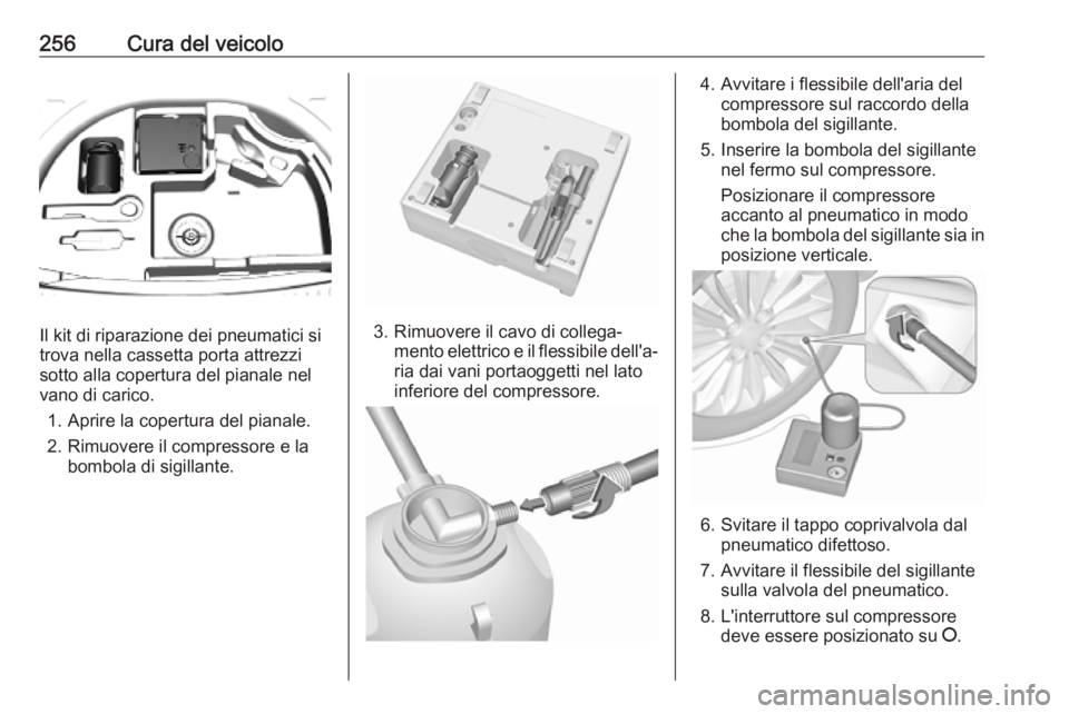 OPEL AMPERA E 2018.5  Manuale di uso e manutenzione (in Italian) 256Cura del veicolo
Il kit di riparazione dei pneumatici si
trova nella cassetta porta attrezzi
sotto alla copertura del pianale nel vano di carico.
1. Aprire la copertura del pianale.
2. Rimuovere il