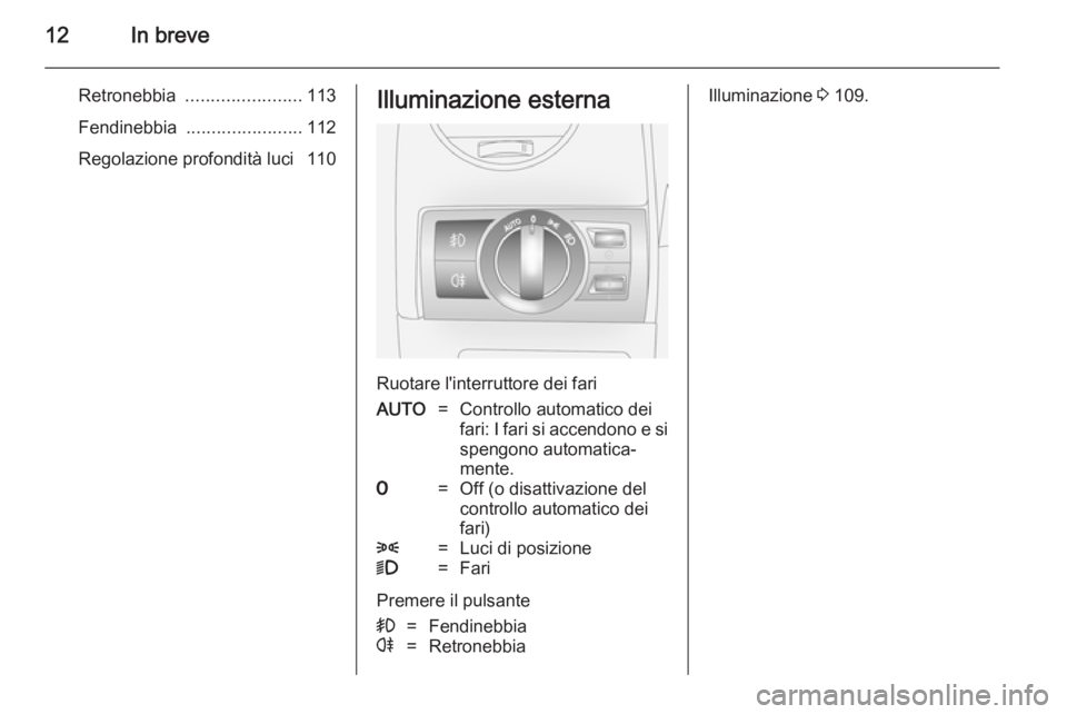 OPEL ANTARA 2014.5 Manuale di uso e manutenzione (in Italian) 12In breve
Retronebbia ....................... 113
Fendinebbia ....................... 112
Regolazione profondità luci 110Illuminazione esterna
Ruotare l'interruttore dei fari
AUTO=Controllo au OPEL ANTARA 2014.5 Manuale di uso e manutenzione (in Italian) 12In breve
Retronebbia ....................... 113
Fendinebbia ....................... 112
Regolazione profondità luci 110Illuminazione esterna
Ruotare l'interruttore dei fari
AUTO=Controllo au