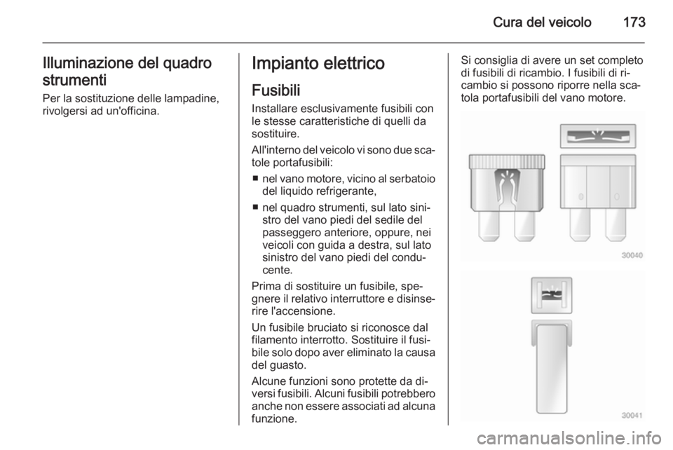 OPEL ANTARA 2014.5 Manuale di uso e manutenzione (in Italian) Cura del veicolo173Illuminazione del quadro
strumenti Per la sostituzione delle lampadine,
rivolgersi ad un'officina.Impianto elettrico
Fusibili
Installare esclusivamente fusibili con
le stesse ca OPEL ANTARA 2014.5 Manuale di uso e manutenzione (in Italian) Cura del veicolo173Illuminazione del quadro
strumenti Per la sostituzione delle lampadine,
rivolgersi ad un'officina.Impianto elettrico
Fusibili
Installare esclusivamente fusibili con
le stesse ca
