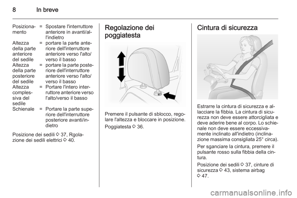 OPEL ANTARA 2014.5  Manuale di uso e manutenzione (in Italian) 8In breve
Posiziona‐
mento=Spostare l'interruttore
anteriore in avanti/al‐
l'indietroAltezza
della parte
anteriore
del sedile=portare la parte ante‐
riore dell'interruttore
anteriore