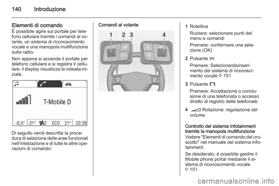 OPEL ANTARA 2015  Manuale del sistema Infotainment (in Italian) 140Introduzione
Elementi di comandoÈ possibile agire sul portale per tele‐
fono cellulare tramite i comandi al vo‐
lante, un sistema di riconoscimento
vocale e una manopola multifunzione sulla ra