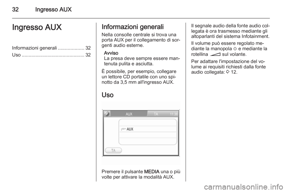 OPEL ANTARA 2015 Manuale del sistema Infotainment (in Italian) 32Ingresso AUXIngresso AUXInformazioni generali...................32
Uso .............................................. 32Informazioni generali
Nella consolle centrale si trova una
porta AUX per il co OPEL ANTARA 2015 Manuale del sistema Infotainment (in Italian) 32Ingresso AUXIngresso AUXInformazioni generali...................32
Uso .............................................. 32Informazioni generali
Nella consolle centrale si trova una
porta AUX per il co