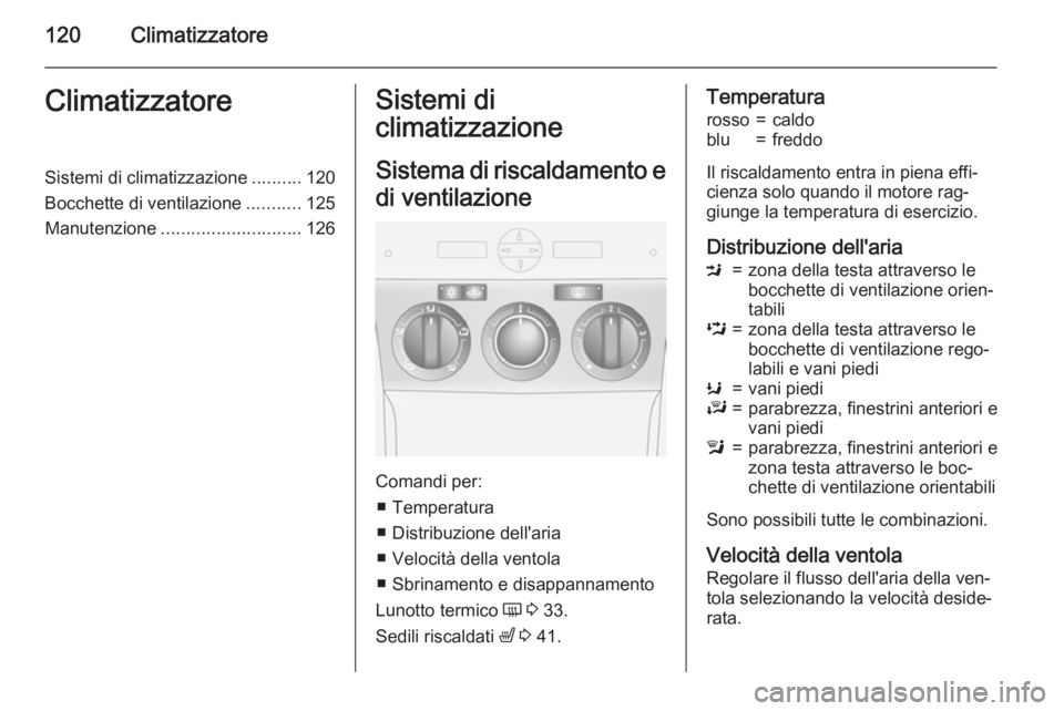 OPEL ANTARA 2015 Manuale di uso e manutenzione (in Italian) 120ClimatizzatoreClimatizzatoreSistemi di climatizzazione..........120
Bocchette di ventilazione ...........125
Manutenzione ............................ 126Sistemi di
climatizzazione
Sistema di risca OPEL ANTARA 2015 Manuale di uso e manutenzione (in Italian) 120ClimatizzatoreClimatizzatoreSistemi di climatizzazione..........120
Bocchette di ventilazione ...........125
Manutenzione ............................ 126Sistemi di
climatizzazione
Sistema di risca