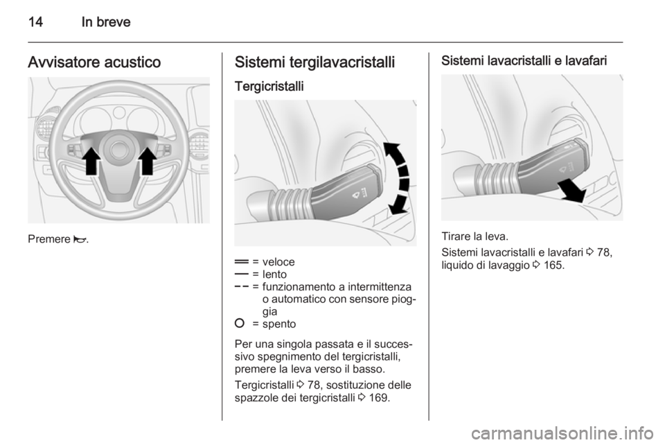 OPEL ANTARA 2015  Manuale di uso e manutenzione (in Italian) 14In breveAvvisatore acustico
Premere j.
Sistemi tergilavacristalli
Tergicristalli&=veloce%=lento$=funzionamento a intermittenza
o automatico con sensore piog‐ gia§=spento
Per una singola passata e
