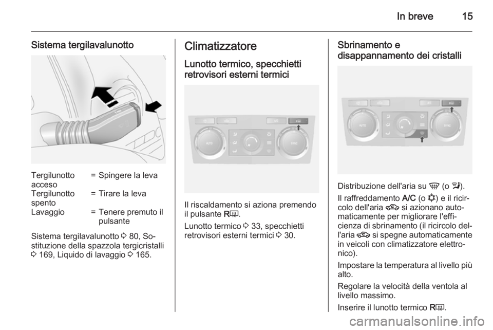 OPEL ANTARA 2015 Manuale di uso e manutenzione (in Italian) In breve15
Sistema tergilavalunottoTergilunotto
acceso=Spingere la levaTergilunotto
spento=Tirare la levaLavaggio=Tenere premuto il
pulsante
Sistema tergilavalunotto 3 80, So‐
stituzione della spaz OPEL ANTARA 2015 Manuale di uso e manutenzione (in Italian) In breve15
Sistema tergilavalunottoTergilunotto
acceso=Spingere la levaTergilunotto
spento=Tirare la levaLavaggio=Tenere premuto il
pulsante
Sistema tergilavalunotto 3 80, So‐
stituzione della spaz